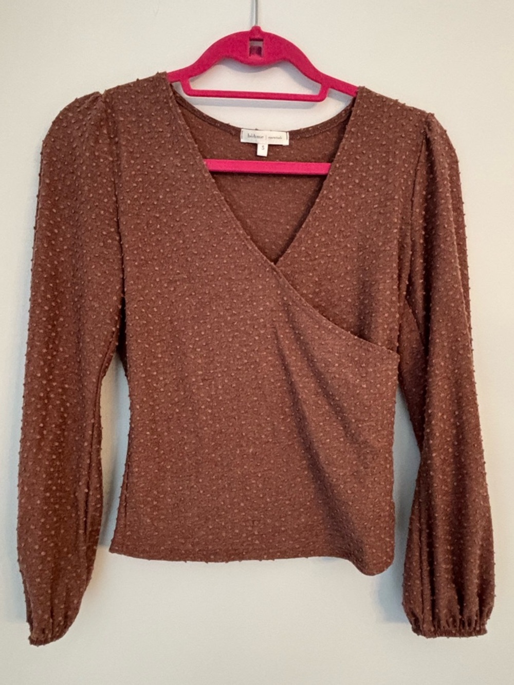 Bohme Washed Red Pom V Neck Wrap Long Sleeve Crop Top Size Small